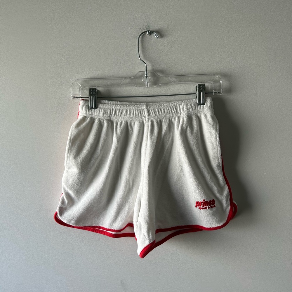 Sporty & Rich x Prince white and red terry cloth shorts